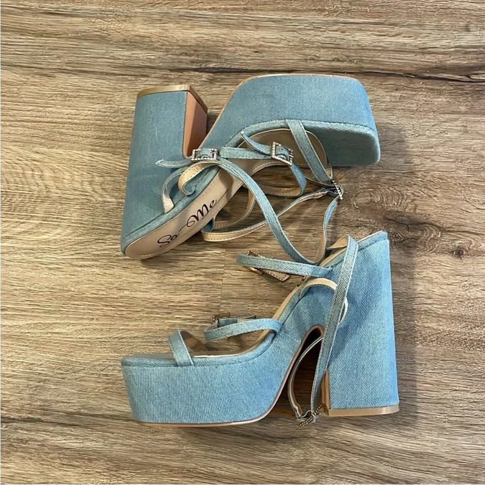 So Me Vintage Blue Denim Rhinestone Ankle Strappy Platform Heels